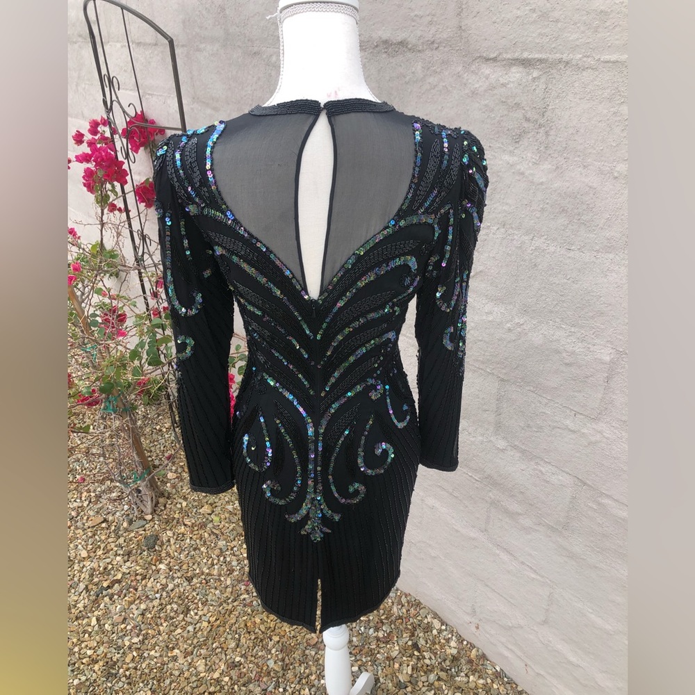 Vintage  mesh sequin beaded silk mini dress with long sleeve holiday sparkle - Picture 7 of 16